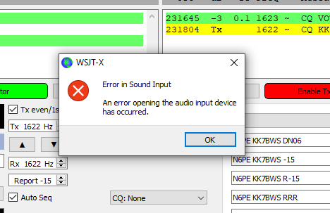 WSJTX Audio Error