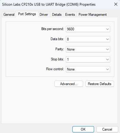 Windows port settings for digirig on Com6